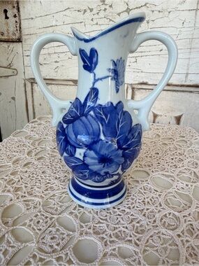 Blue and White Floral Double-Handled Vase